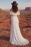 Floral Ivory Mermaid Long Boho Wedding Dress with Ruffles