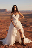 Ivory Strapless A Line Maxi Beach Wedding Dress with Ruffles