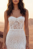 Floral Ivory Strapless Ruffled Sheath Long Boho Wedding Dress