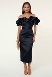 Black Satin Off the Shoulder Bodycon Midi Formal Dress with Slit