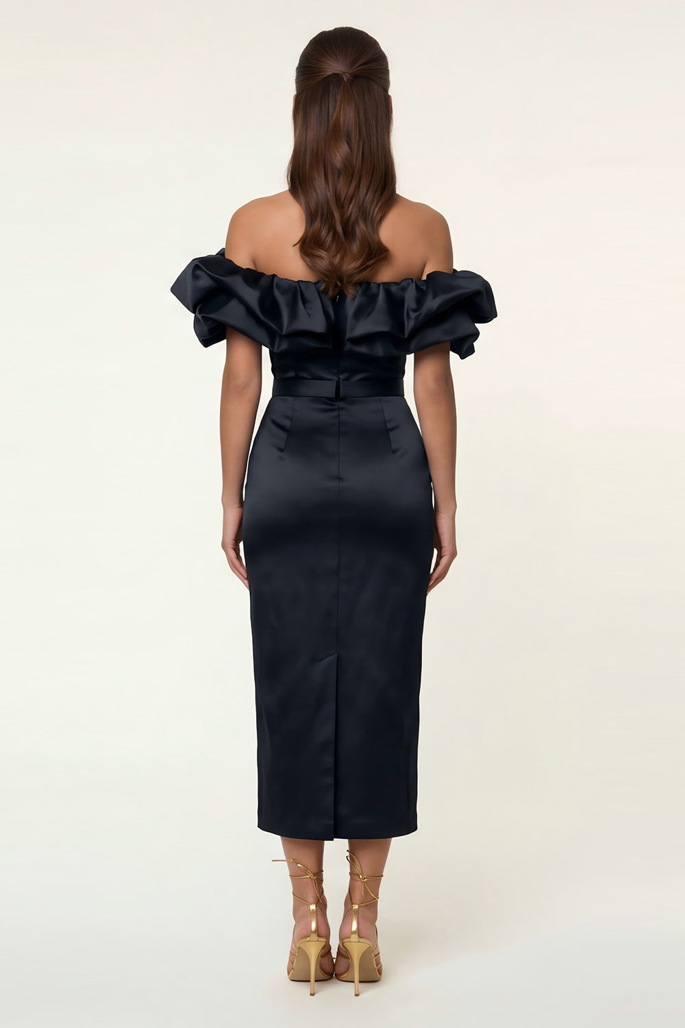 ZAPAKA Women Black Satin Off the Shoulder Formal Dress Bodycon Midi Party Dress with Slit