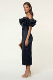 Black Satin Off the Shoulder Bodycon Midi Formal Dress with Slit