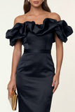 Black Satin Off the Shoulder Bodycon Midi Formal Dress with Slit
