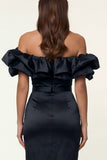 Black Satin Off the Shoulder Bodycon Midi Formal Dress with Slit