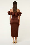 Black Satin Off the Shoulder Bodycon Midi Formal Dress with Slit