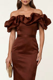 Black Satin Off the Shoulder Bodycon Midi Formal Dress with Slit