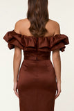 Black Satin Off the Shoulder Bodycon Midi Formal Dress with Slit