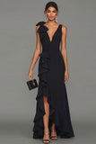 Black Sheath V-Neck Ruffled Long Formal Dress with Slit