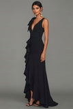 Black Sheath V-Neck Ruffled Long Formal Dress with Slit