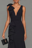 Black Sheath V-Neck Ruffled Long Formal Dress with Slit