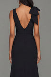 Black Sheath V-Neck Ruffled Long Formal Dress with Slit