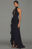 Black Sheath Halter Neck Ruffled Cut Out Long Formal Dress with Slit