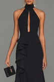 Black Sheath Halter Neck Ruffled Cut Out Long Formal Dress with Slit