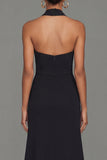 Black Sheath Halter Neck Ruffled Cut Out Long Formal Dress with Slit