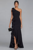 One Shoulder Black Sheath Ruffled Long Formal Dress with Slit