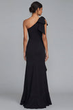 One Shoulder Black Sheath Ruffled Long Formal Dress with Slit