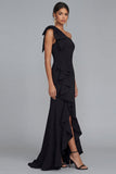One Shoulder Black Sheath Ruffled Long Formal Dress with Slit