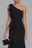 One Shoulder Black Sheath Ruffled Long Formal Dress with Slit