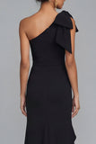 One Shoulder Black Sheath Ruffled Long Formal Dress with Slit