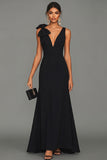 Black Sheath V-Neck Long Formal Dress with Bow