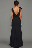 Black Sheath V-Neck Long Formal Dress with Bow