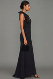 Black Sheath V-Neck Long Formal Dress with Bow