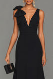 Black Sheath V-Neck Long Formal Dress with Bow