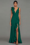Dark Green Sheath V-Neck Ruffled Ruched Long Formal Dress with Slit