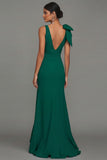 Dark Green Sheath V-Neck Ruffled Ruched Long Formal Dress with Slit