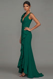 Dark Green Sheath V-Neck Ruffled Ruched Long Formal Dress with Slit