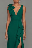 Dark Green Sheath V-Neck Ruffled Ruched Long Formal Dress with Slit