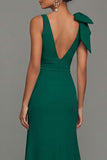 Dark Green Sheath V-Neck Ruffled Ruched Long Formal Dress with Slit