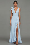 Dark Green Sheath V-Neck Ruffled Ruched Long Formal Dress with Slit