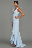 Dark Green Sheath V-Neck Ruffled Ruched Long Formal Dress with Slit