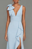 Dark Green Sheath V-Neck Ruffled Ruched Long Formal Dress with Slit