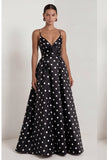 A-Line Satin Black White Dots Spaghetti Straps Long Formal Dress