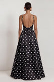 A-Line Satin Black White Dots Spaghetti Straps Long Formal Dress