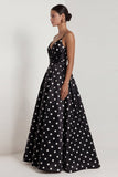 A-Line Satin Black White Dots Spaghetti Straps Long Formal Dress