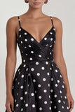 A-Line Satin Black White Dots Spaghetti Straps Long Formal Dress
