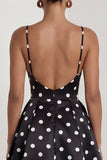 A-Line Satin Black White Dots Spaghetti Straps Long Formal Dress
