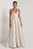 A-Line Satin Black White Dots Spaghetti Straps Long Formal Dress