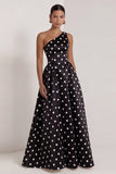 One Shoulder A-Line Satin Black White Dots Long Formal Dress