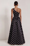 One Shoulder A-Line Satin Black White Dots Long Formal Dress