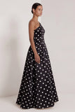 One Shoulder A-Line Satin Black White Dots Long Formal Dress
