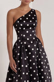 One Shoulder A-Line Satin Black White Dots Long Formal Dress