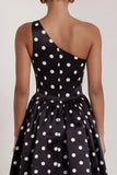 One Shoulder A-Line Satin Black White Dots Long Formal Dress