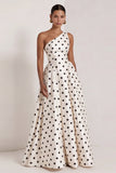 One Shoulder A-Line Satin Black White Dots Long Formal Dress