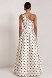 One Shoulder A-Line Satin Black White Dots Long Formal Dress