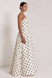 One Shoulder A-Line Satin Black White Dots Long Formal Dress