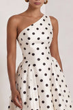 One Shoulder A-Line Satin Black White Dots Long Formal Dress